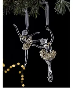 Detailed view of clear acrylic ballerina Christmas ornaments with gold sequin tutus