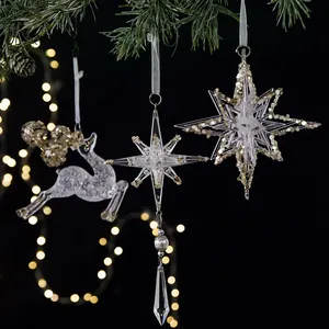 Christmas Tree Hanging Ornaments Acrylic Transparent Crystal Gold Sequins Pendant Decorations Holiday Party Festive Snowflake Star