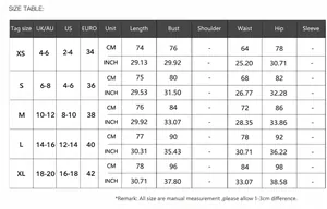 Detailed size chart guide for elegant sequin evening dress and long bodycon skirt
