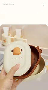Detail view showing the interior layers of a cream and brown cartoon duck soap box.