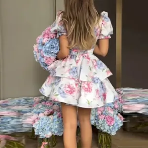 Back view of an elegant floral puff sleeve tiered mini dress perfect for spring events