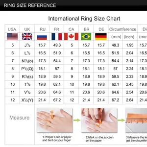Comprehensive international ring size chart with finger measurement guide for zircon rings
