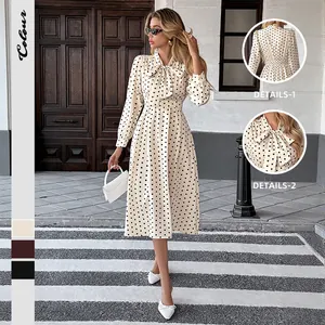 Vestito Midi Vintage a Pois da Donna Elegante Collo con Fiocco Manica Lunga Vita Alta Linea a A Casual Retro Francese Abito Lungo