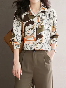 Chemise boutonnée à manches longues pour femmes avec imprimé visage abstrait artistique