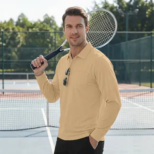 Men's long-sleeve beige polo shirt with pocket on a tennis court, perfect for autumn sports