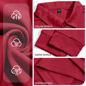Detailed view of men's burgundy tactical polo shirt showing collar and cuffs