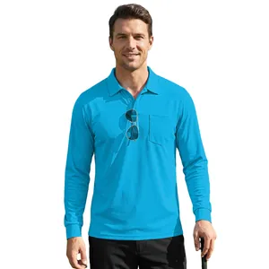 Men's long-sleeved blue polo shirt with front pocket designed for outdoor casual wear