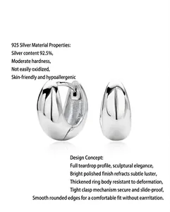 High-polished S925 sterling silver teardrop bean hoop earrings detail view.