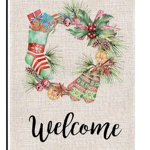 Festive watercolor Christmas garden flag featuring a holiday wreath and "Welcome" text