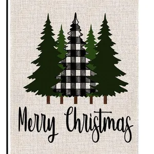 Festive Christmas garden flag featuring buffalo plaid pine trees and Merry Christmas text.