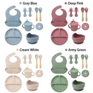 9-Piece Food-Grade Silicone Baby Feeding Set with Suction Bowl and Bib in Multiple Colors