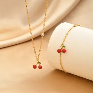 18K Gold Plated Titanium Steel Cherry Pendant Necklace With Zirconia Delicate Ins Style Jewelry For Women Gift