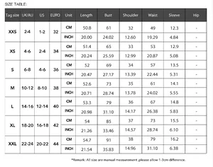Detailed size chart for casual square neck short sleeve T-shirt, CM and INCH units.
