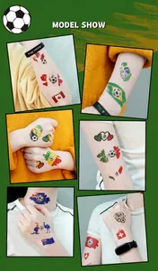 Collage of temporary football tattoos with national flags on arms and hands for fans.