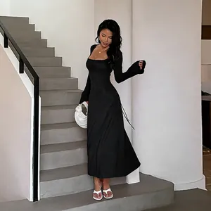 Elegant black slim fit long sleeve square neck A-line maxi dress for a sophisticated look