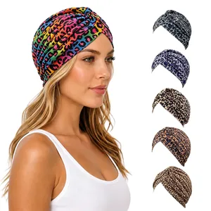 Women Leopard Print Turban Hat Pleated Twisted Knot Polyester Headwrap African India Style Fashion Headwear For Ladies