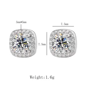 Detail view of square s925 silver stud earrings with moissanite and halo dimensions