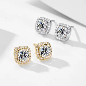 Elegant square halo stud earrings in S925 sterling silver with sparkling zircon stones