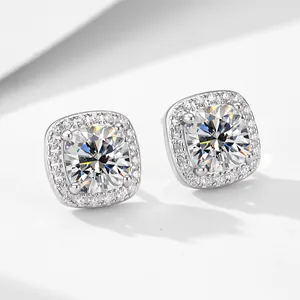 Classic s925 sterling silver square halo stud earrings with brilliant zircon stones