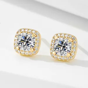 925 Sterling Silver Square Halo Stud Earrings For Women Elegant Geometric Rhinestone Inlaid Jewelry In Gold Silver Finish