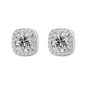Elegant S925 sterling silver square halo stud earrings featuring brilliant zircon stones