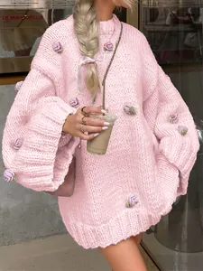 Elegant oversized pink knit sweater with 3D purple flower appliques and long sleeves