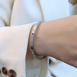 Elegant silver titanium steel bangle featuring Roman numerals and sparkling CZ stones