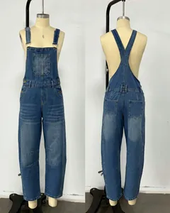Full front and back views of vintage washed loose denim overalls shown on mannequins