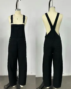 Front and back view of black washed vintage loose straight denim overalls on mannequin.