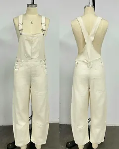 Detailed front and back view of cream vintage loose straight-leg denim overalls on a mannequin