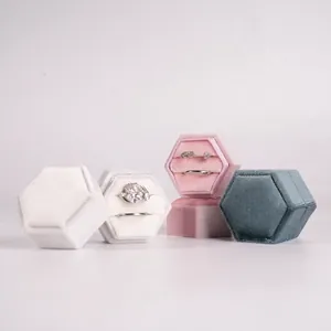 Hexagonal Velvet Ring Box For Jewelry Display Elegant Double Slot Small Engagement Wedding Proposal Gift Storage Case