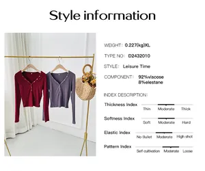 Detailed product information for a Y2K slim long-sleeved top showing material and indices