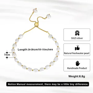 S925 silver bracelet with natural Baroque freshwater pearls and adjustable chain