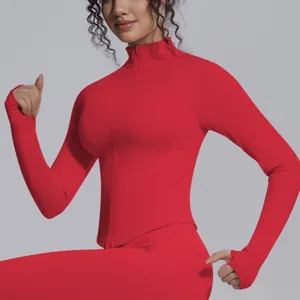 Slim fit red stand-collar zipper long sleeve sports jacket detail for women yoga