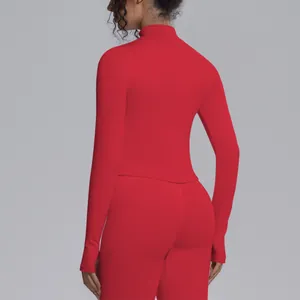 Back view of a red high-neck long-sleeve yoga jacket and matching fitness leggings