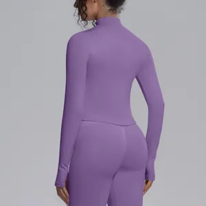 Back view of a purple tight-fit stand collar knit long sleeve yoga jacket for women