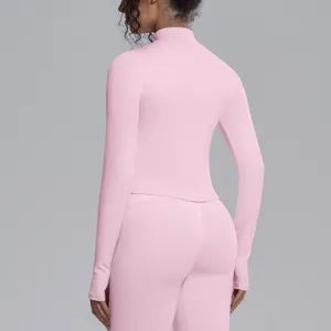 Detailed back view of a pink long-sleeve slim fit yoga jacket for women fitness