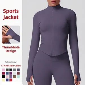 Women's Slim Fit Knitted Yoga Jacket With Stand Collar Full Zip Quick Dry Long Sleeve Sport Top With Thumbholes Yoga Wear