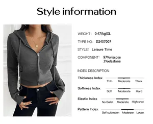 Detailed technical specification sheet for women's slim-fit cropped zip-up hoodie