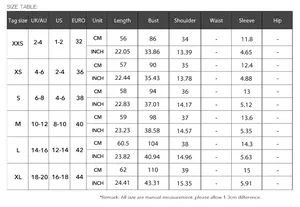 Detailed size chart for Y2K short sleeve T-shirt showing UK, US, and EU sizes.