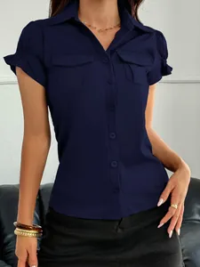 Women's navy blue short sleeve button-up blouse with pockets and ruffle sleeves