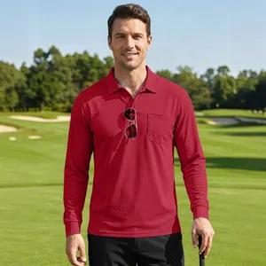 Classic men's red long-sleeved polo shirt with chest pocket for outdoor golf activities