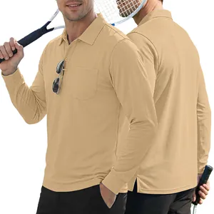Casual men's khaki long sleeve polo shirt with chest pocket for outdoor sports and golf