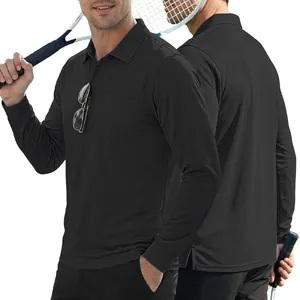 Men's loose long-sleeve polo shirt with chest pocket in solid black color