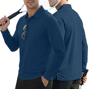 Classic men's navy blue long-sleeved Polo shirt with functional chest pocket and lapel