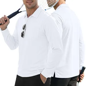 Men's white long-sleeve polo shirt with chest pocket and breathable textured fabric