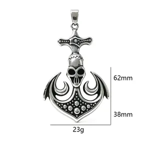 Collana con ciondolo ancora pirata teschio in acciaio inox, misure 62mm per 38mm