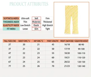 Size chart for kids yellow checkered leggings with detailed fabric attributes