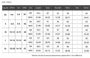 Size chart for women's long-sleeved button-down knit shirt showing XS to XL dimensions