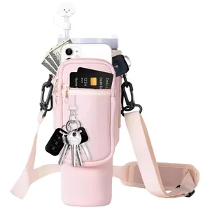 Pink 40oz neoprene water bottle carrier bag with adjustable strap and phone pocket